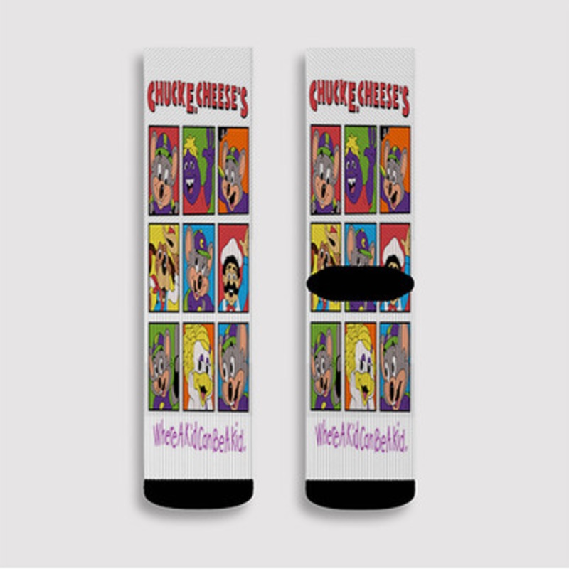 Pastele Chuck E Cheese Collage Custom Socks Sublimation Awesome Printed Sports Elite Socks Polyester Cushioned Bottoms Gym Gymnastic Running Yoga School Skatebording Basketball Spandex