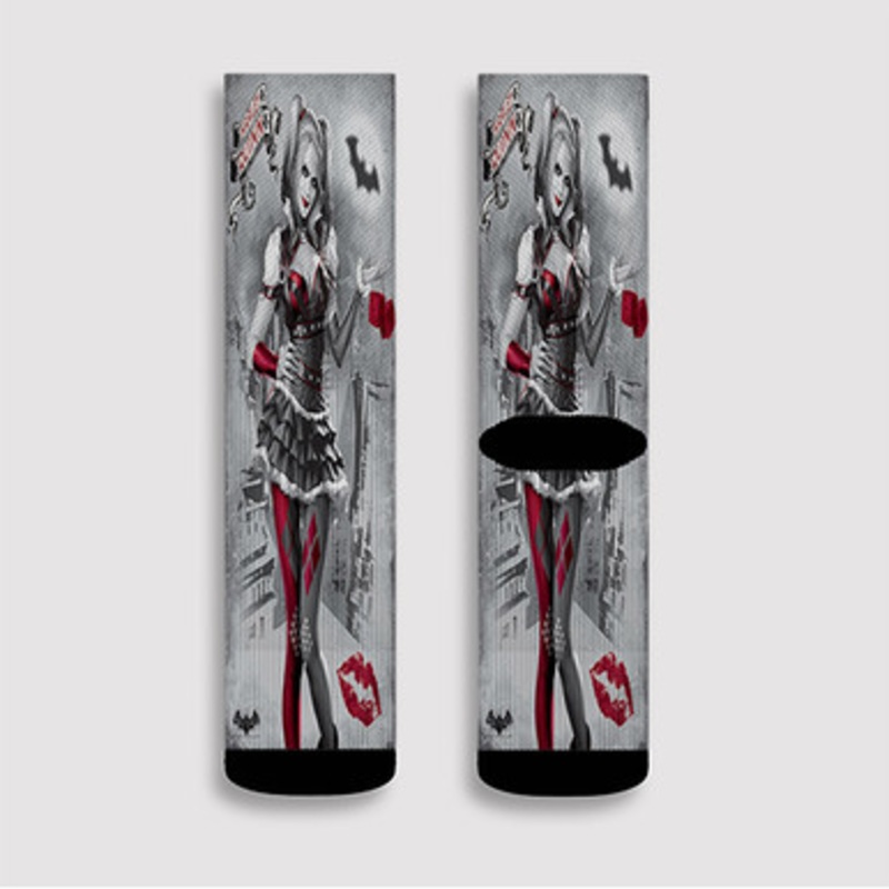 Pastele Arkham Knight Harley Quinn Custom Socks Sublimation Awesome Printed Sports Elite Socks Polyester Cushioned Bottoms Gym Gymnastic Running Yoga School Skatebording Basketball Spandex