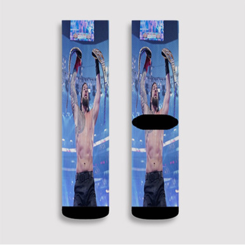 Pastele Roman Reigns WWE Wrestle Mania Champions Custom Socks Sublimation Awesome Printed Sports Elite Socks Polyester Cushioned Bottoms Gym Gymnastic Running Yoga School Skatebording Basketball Spandex