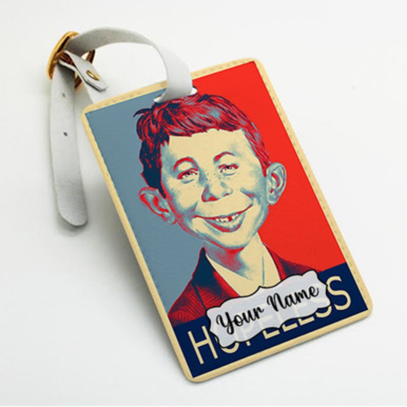 Pastele Alfred E Neuman Hopeless Custom Luggage Tags Personalized Name PU Leather Luggage Tag With Strap Awesome Baggage Hanging Suitcase Bag Tags Name ID Labels Travel Bag Accessories