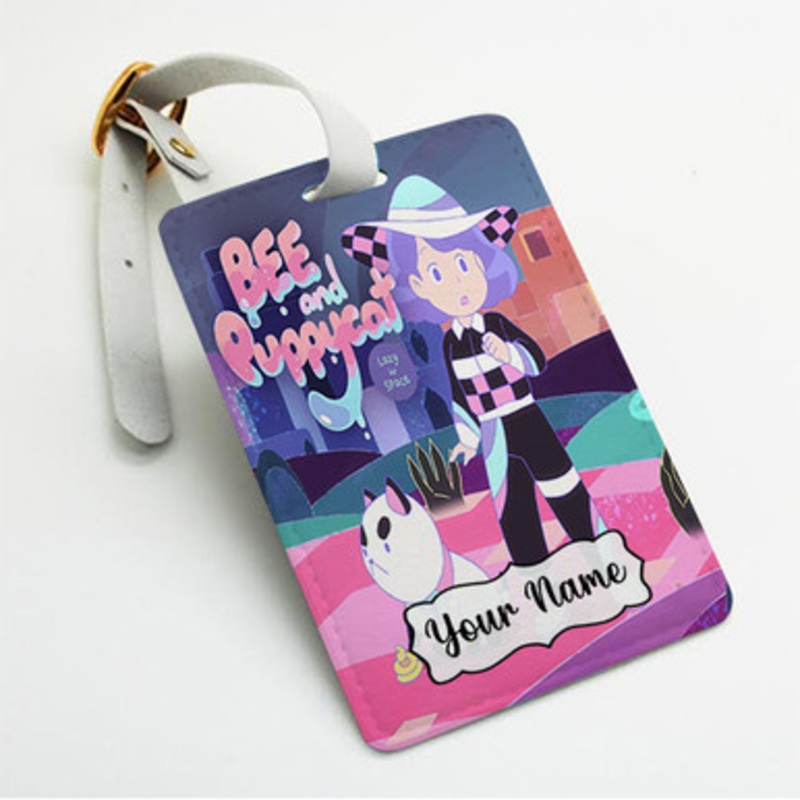 Pastele Bee and Puppy Cat Lazy in Space Custom Luggage Tags Personalized Name PU Leather Luggage Tag With Strap Awesome Baggage Hanging Suitcase Bag Tags Name ID Labels Travel Bag Accessories
