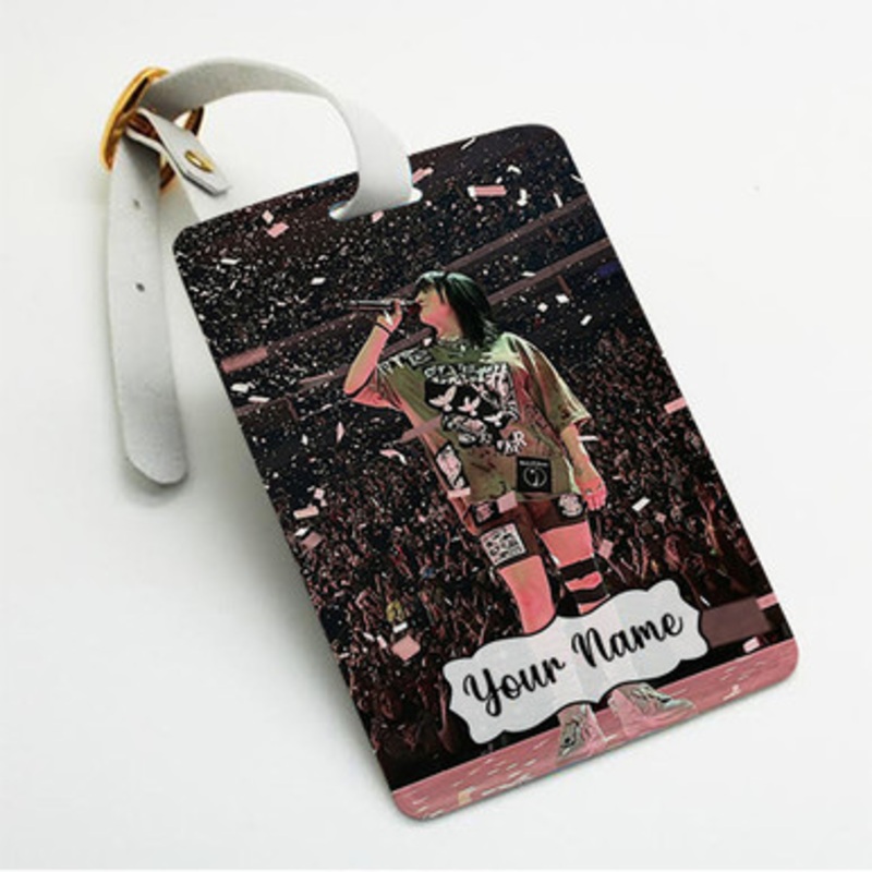 Pastele Billie Eilish Concert Custom Luggage Tags Personalized Name PU Leather Luggage Tag With Strap Awesome Baggage Hanging Suitcase Bag Tags Name ID Labels Travel Bag Accessories
