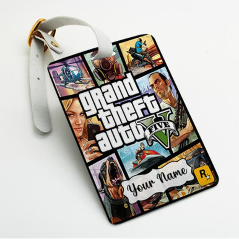 Pastele Grand Theft Auto V GTA V Custom Luggage Tags Personalized Name PU Leather Luggage Tag With Strap Awesome Baggage Hanging Suitcase Bag Tags Name ID Labels Travel Bag Accessories