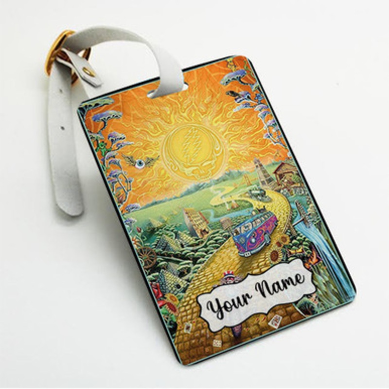 Pastele Grateful Dead Poster Custom Luggage Tags Personalized Name PU Leather Luggage Tag With Strap Awesome Baggage Hanging Suitcase Bag Tags Name ID Labels Travel Bag Accessories