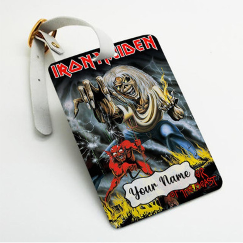Pastele Iron Maiden The Number of The Beast Custom Luggage Tags Personalized Name PU Leather Luggage Tag With Strap Awesome Baggage Hanging Suitcase Bag Tags Name ID Labels Travel Bag Accessories