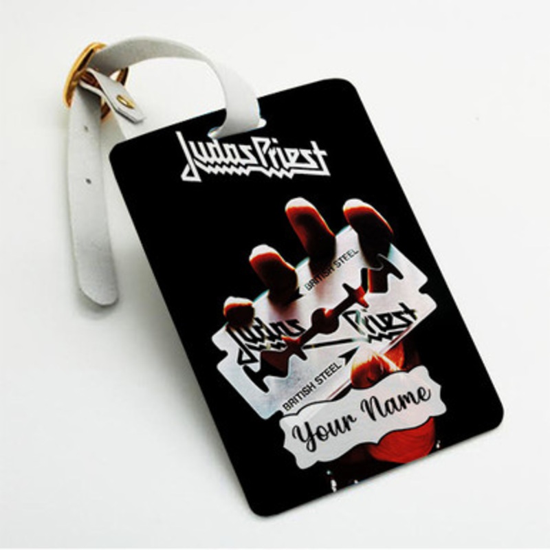 Pastele Judas Priest British Steel Custom Luggage Tags Personalized Name PU Leather Luggage Tag With Strap Awesome Baggage Hanging Suitcase Bag Tags Name ID Labels Travel Bag Accessories