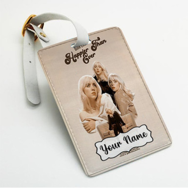Pastele Billie Eilish Happier Than Ever Custom Luggage Tags Personalized Name PU Leather Luggage Tag With Strap Awesome Baggage Hanging Suitcase Bag Tags Name ID Labels Travel Bag Accessories