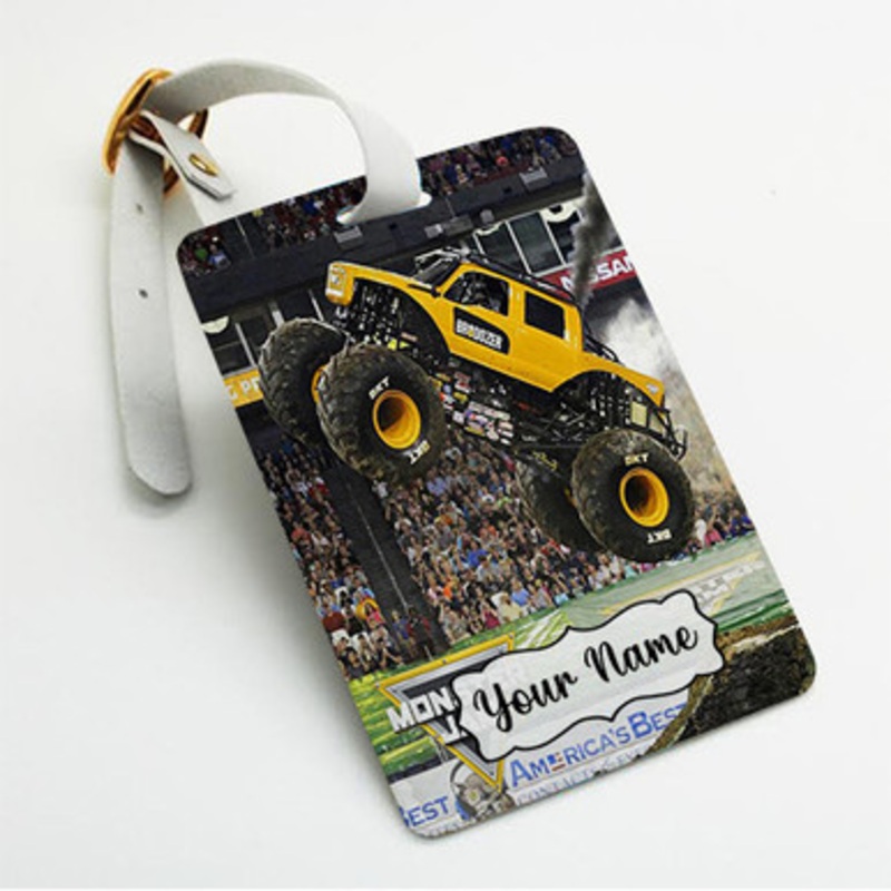Pastele Bro Dozer Monster Truck Custom Luggage Tags Personalized Name PU Leather Luggage Tag With Strap Awesome Baggage Hanging Suitcase Bag Tags Name ID Labels Travel Bag Accessories