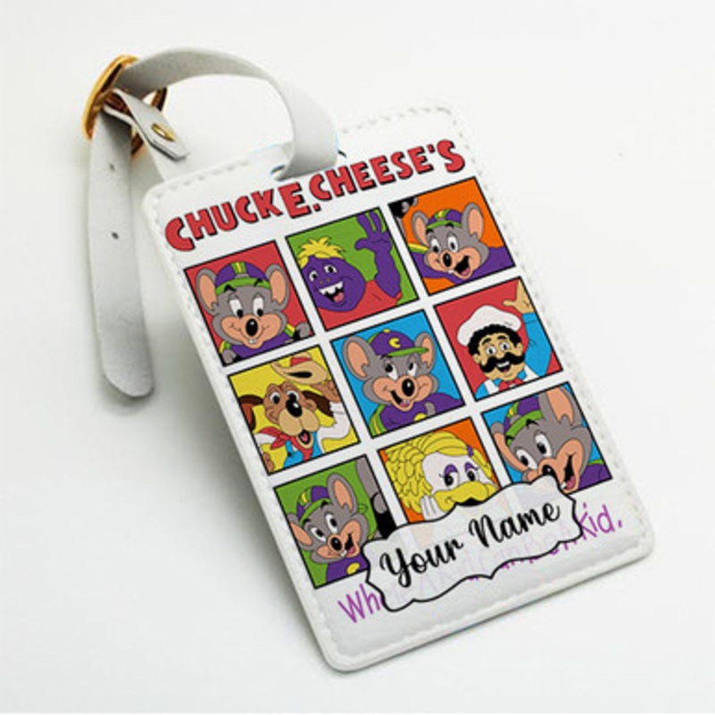 Pastele Chuck E Cheese Collage Custom Luggage Tags Personalized Name PU Leather Luggage Tag With Strap Awesome Baggage Hanging Suitcase Bag Tags Name ID Labels Travel Bag Accessories