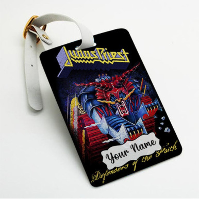 Pastele Judas Priest Defenders Of The Faith Custom Luggage Tags Personalized Name PU Leather Luggage Tag With Strap Awesome Baggage Hanging Suitcase Bag Tags Name ID Labels Travel Bag Accessories