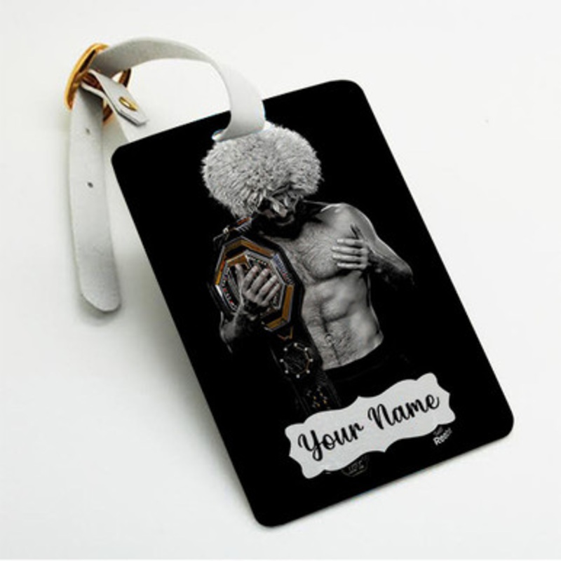 Pastele Khabib Nurmagomedov Pray Custom Luggage Tags Personalized Name PU Leather Luggage Tag With Strap Awesome Baggage Hanging Suitcase Bag Tags Name ID Labels Travel Bag Accessories
