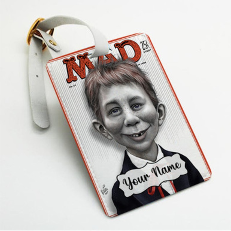 Pastele Alfred E Neuman Caricature Custom Luggage Tags Personalized Name PU Leather Luggage Tag With Strap Awesome Baggage Hanging Suitcase Bag Tags Name ID Labels Travel Bag Accessories