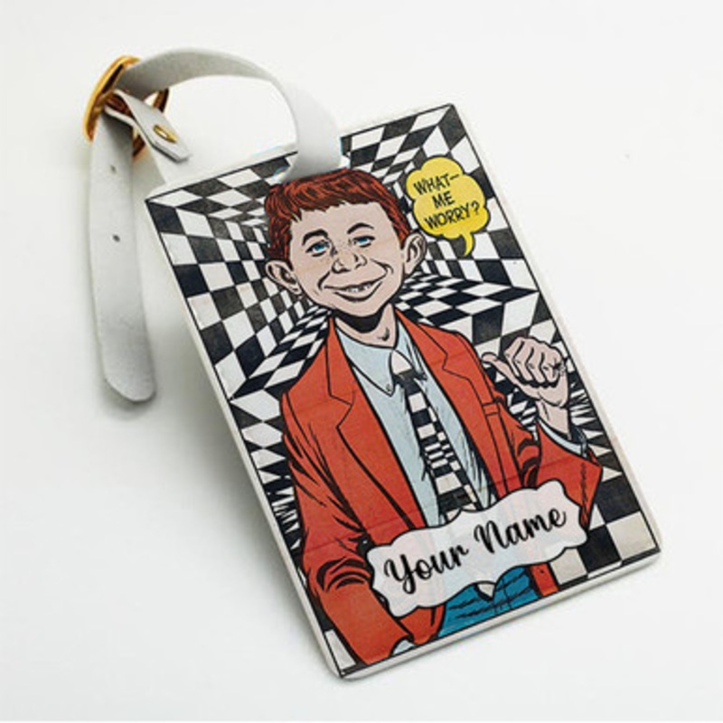 Pastele Alfred E Neuman What We Worry Custom Luggage Tags Personalized Name PU Leather Luggage Tag With Strap Awesome Baggage Hanging Suitcase Bag Tags Name ID Labels Travel Bag Accessories