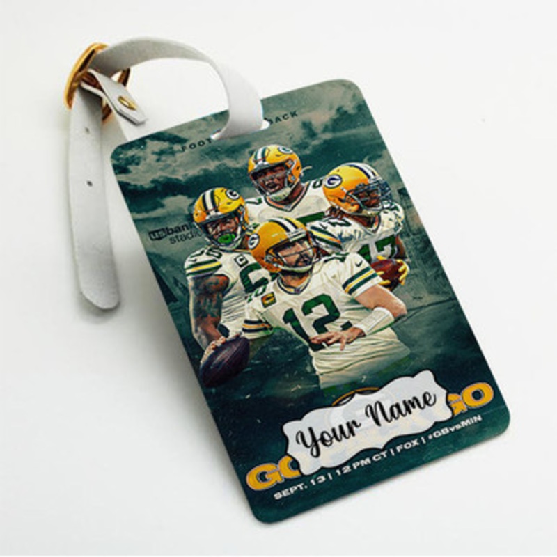 Pastele Green Bay Packers NFL 2022 Custom Luggage Tags Personalized Name PU Leather Luggage Tag With Strap Awesome Baggage Hanging Suitcase Bag Tags Name ID Labels Travel Bag Accessories