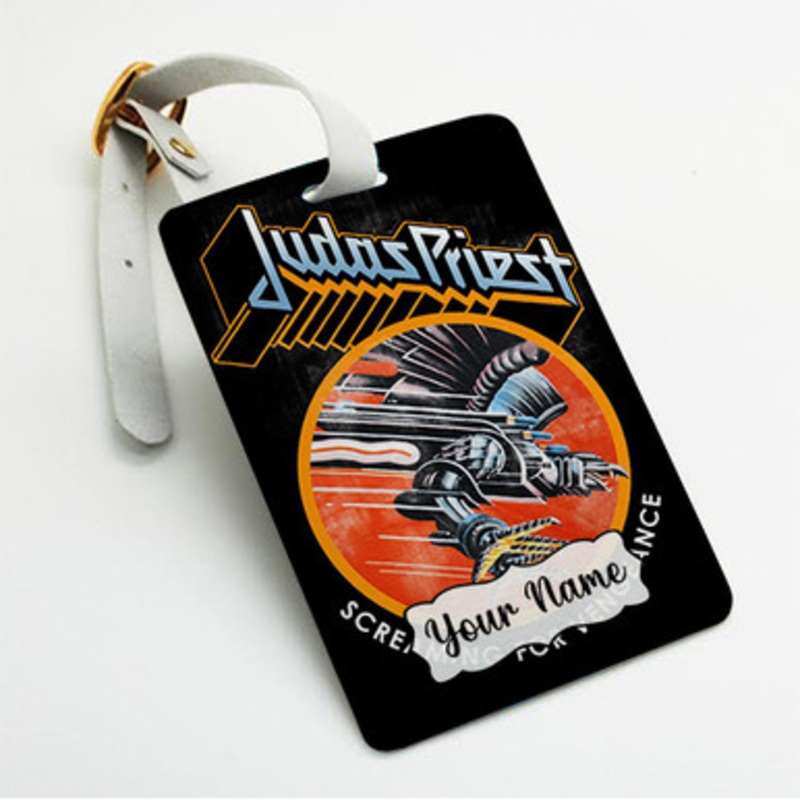 Pastele Judas Priest Screaming For Vengeance Custom Luggage Tags Personalized Name PU Leather Luggage Tag With Strap Awesome Baggage Hanging Suitcase Bag Tags Name ID Labels Travel Bag Accessories