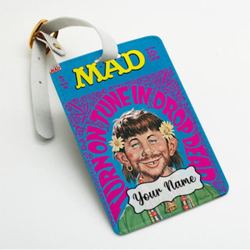 Pastele Alfred E Neuman Turn On Tune In Drop Dead Custom Luggage Tags Personalized Name PU Leather Luggage Tag With Strap Awesome Baggage Hanging Suitcase Bag Tags Name ID Labels Travel Bag Accessories