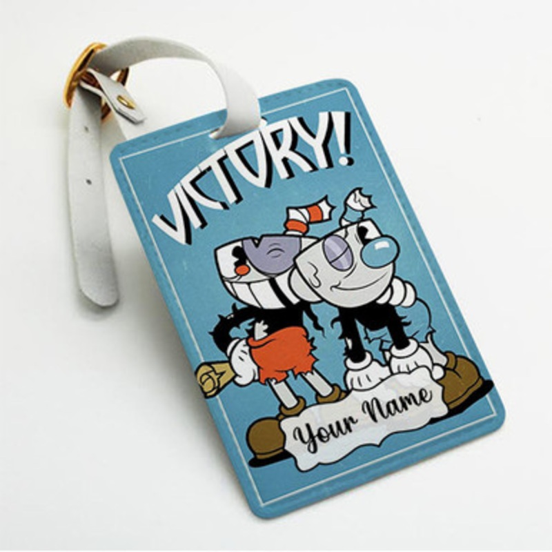 Pastele Cuphead Victory Custom Luggage Tags Personalized Name PU Leather Luggage Tag With Strap Awesome Baggage Hanging Suitcase Bag Tags Name ID Labels Travel Bag Accessories