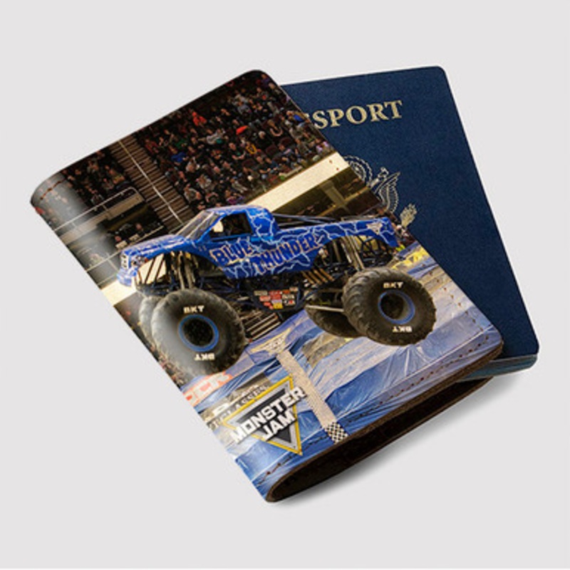 Pastele Blue Thunder Monster Truck Custom Passport Wallet Case With Credit Card Holder Awesome Personalized PU Leather Travel Trip Vacation Baggage Cover