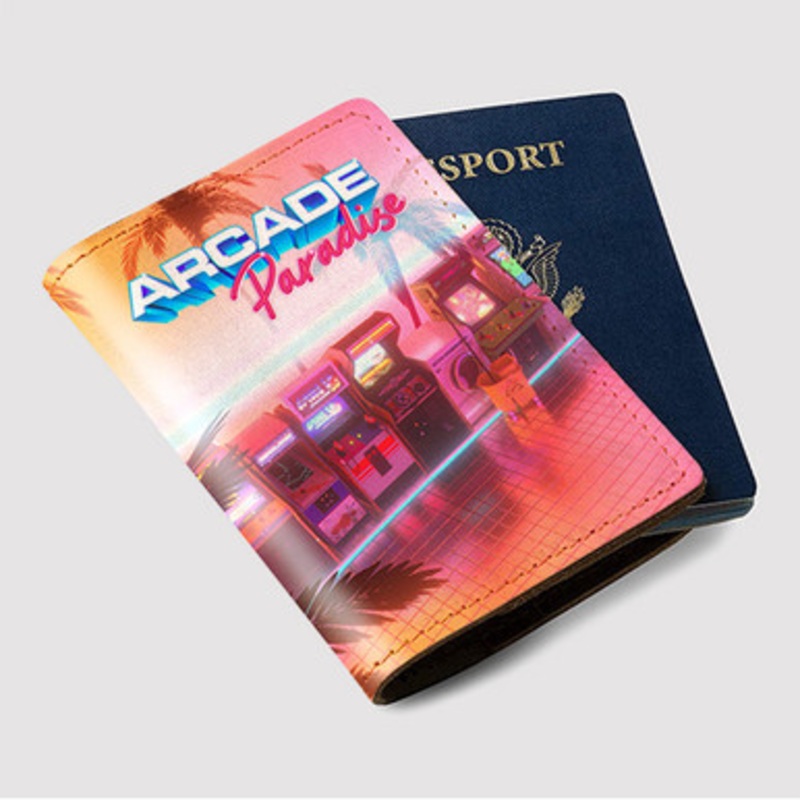 Pastele Arcade Paradise Custom Passport Wallet Case With Credit Card Holder Awesome Personalized PU Leather Travel Trip Vacation Baggage Cover