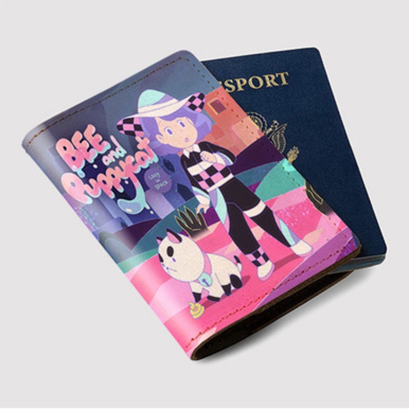 Pastele Bee and Puppy Cat Lazy in Space Custom Passport Wallet Case With Credit Card Holder Awesome Personalized PU Leather Travel Trip Vacation Baggage Cover