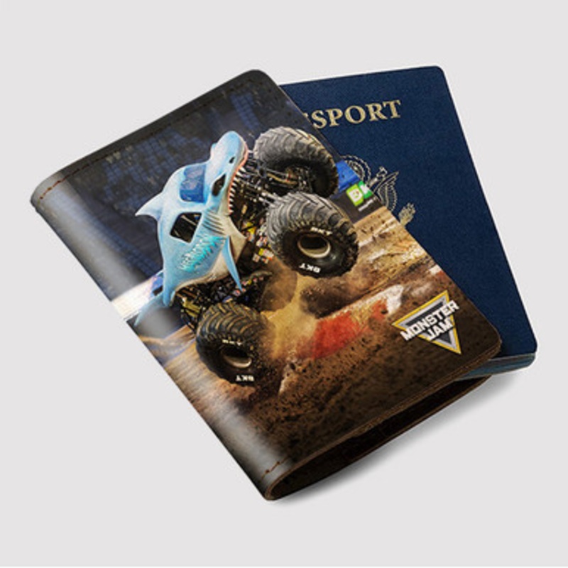 Pastele Megalodon Monster Truck Custom Passport Wallet Case With Credit Card Holder Awesome Personalized PU Leather Travel Trip Vacation Baggage Cover