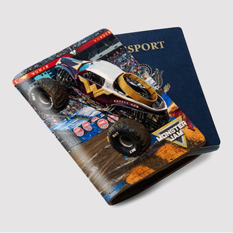 Pastele Wonder Woman Monster Truck Custom Passport Wallet Case With Credit Card Holder Awesome Personalized PU Leather Travel Trip Vacation Baggage Cover