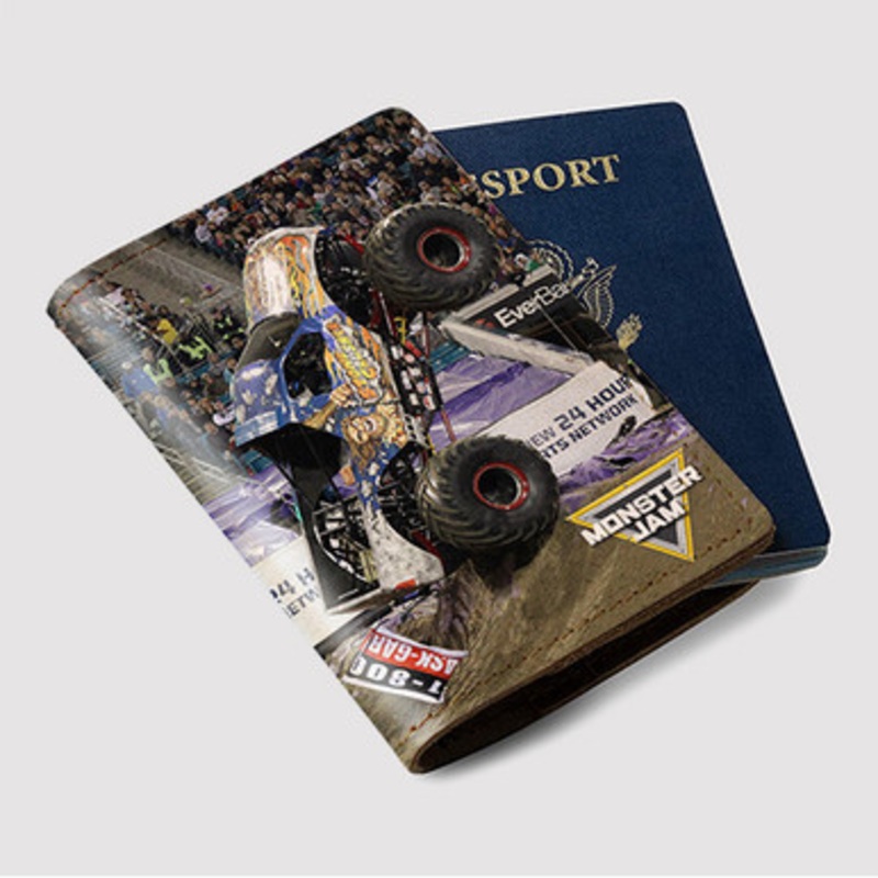 Pastele Stone Crusher Monster Truck Custom Passport Wallet Case With Credit Card Holder Awesome Personalized PU Leather Travel Trip Vacation Baggage Cover