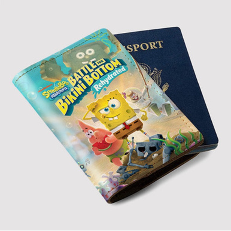 Pastele Sponge Bob Square Pants Battle for Bikini Bottom Rehydrated Custom Passport Wallet Case With Credit Card Holder Awesome Personalized PU Leather Travel Trip Vacation Baggage Cover