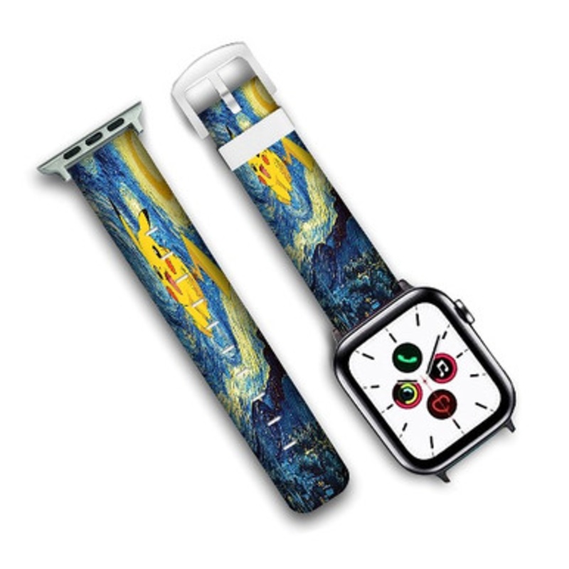 Pastele Pikachu Pokemon Starry Night Custom Personalized Apple Watch Band Genuine Leather Watch Band Replacement 38mm 40mm 42mm 44mm