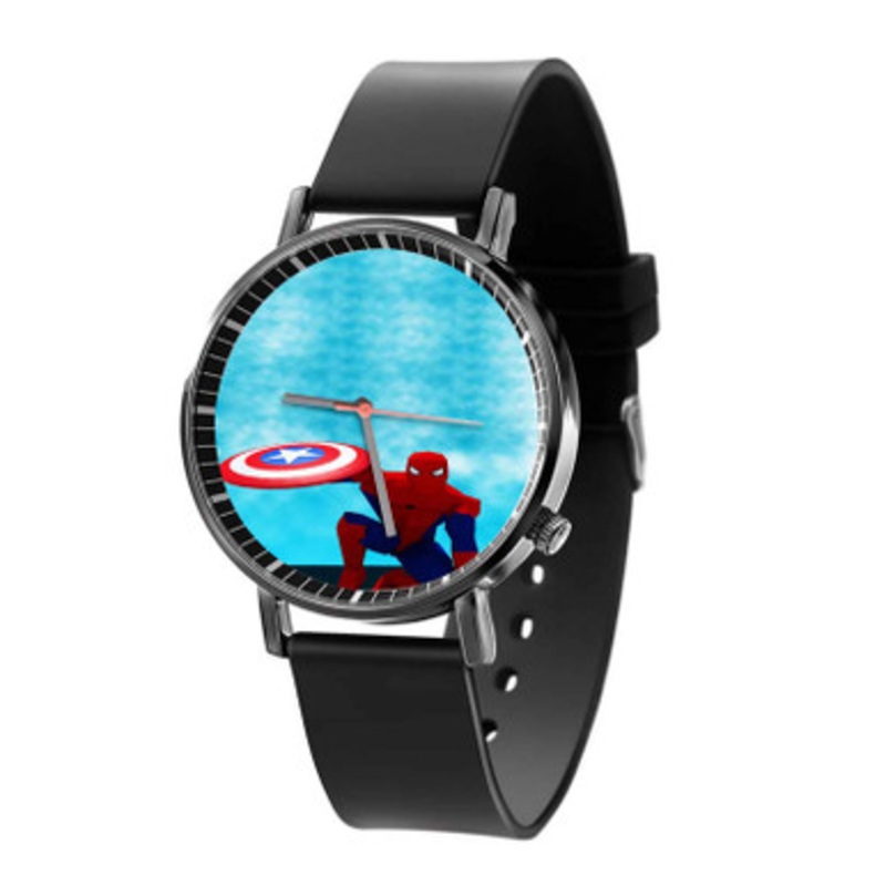 Spiderman With Captain America Shield Art Unisex Black Quartz Watch With Premium Gift Box