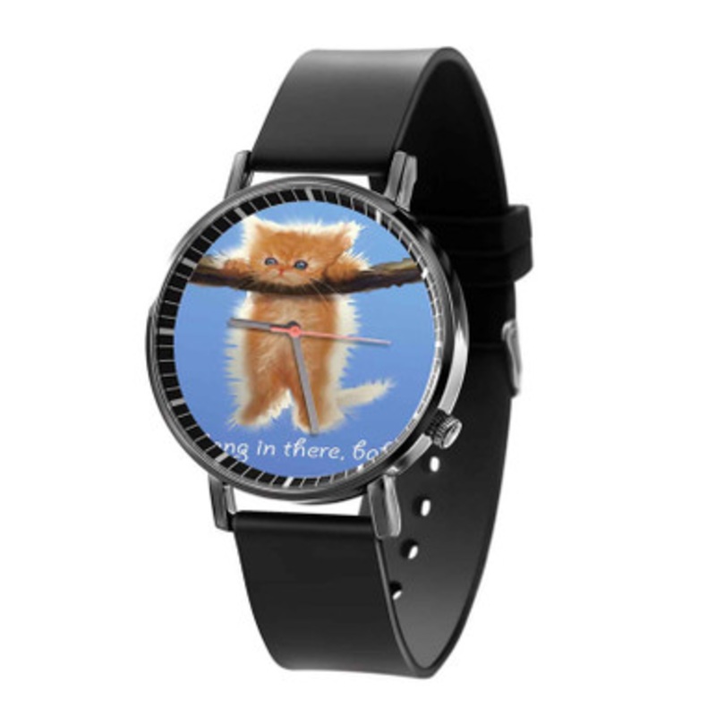 Hang In There Cat Kitten Black Quartz Watch With Premium Gift Box for Unisex