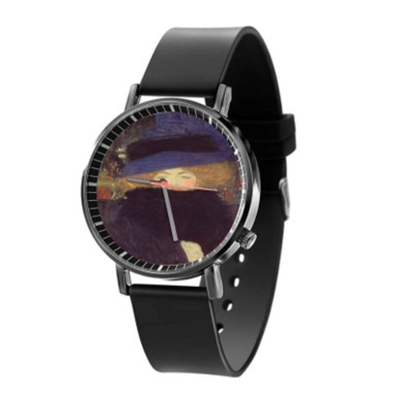 Klimt Gustav Lady with Hat and Feather Boa Black Quartz Watch Unisex With Premium Gift Box