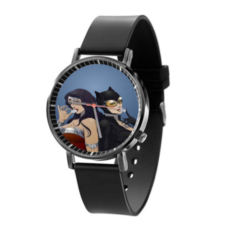 Catwoman and Wonder Woman Beautiful Unisex Black Quartz Watch With Premium Gift Box