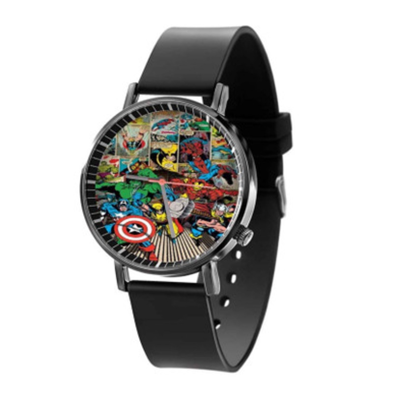 Marvel Comics Superheroes Collage Black Quartz Watch Unisex With Premium Gift Box